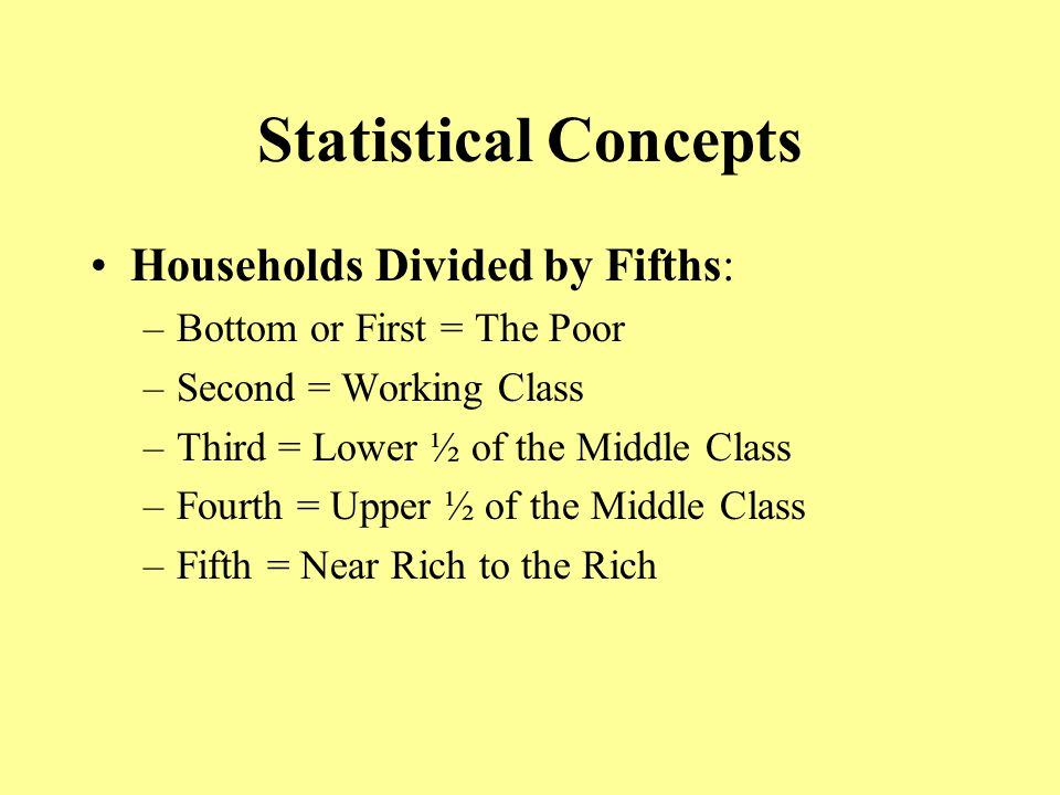 Statistical Concepts Households Divided by Fifths: –Bottom or First = The Poor –Second = Working Class –Third = Lower ½ of the Middle Class –Fourth = Upper ½ of the Middle Class –Fifth = Near Rich to the Rich