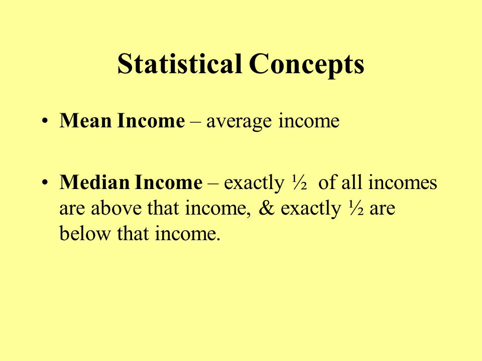 Statistical Concepts Mean Income – average income Median Income – exactly ½ of all incomes are above that income, & exactly ½ are below that income.