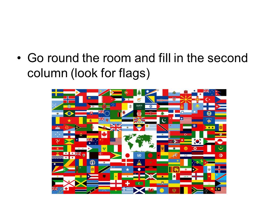 Go round the room and fill in the second column (look for flags)