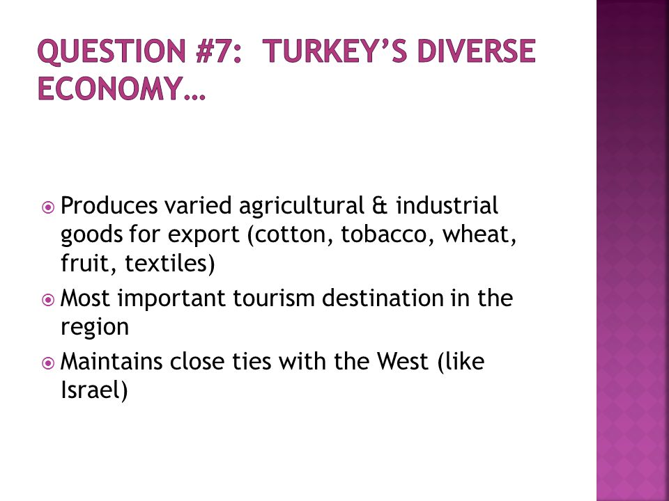  Produces varied agricultural & industrial goods for export (cotton, tobacco, wheat, fruit, textiles)  Most important tourism destination in the region  Maintains close ties with the West (like Israel)