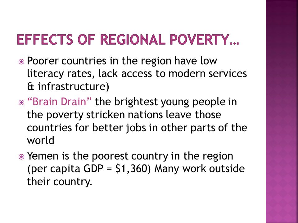  Poorer countries in the region have low literacy rates, lack access to modern services & infrastructure)  Brain Drain the brightest young people in the poverty stricken nations leave those countries for better jobs in other parts of the world  Yemen is the poorest country in the region (per capita GDP = $1,360) Many work outside their country.