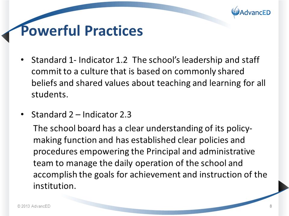 Powerful Practices Standard 1- Indicator 1.2 The school’s leadership and staff commit to a culture that is based on commonly shared beliefs and shared values about teaching and learning for all students.