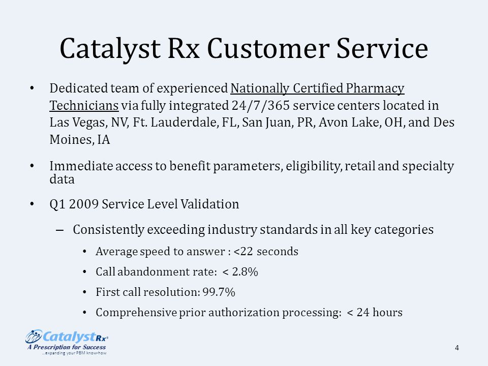A Prescription For Success Expanding Your Pbm Know How 2009 4 Catalyst Rx Customer Service Dedicated Team Of Experienced Nationally Certified Pharmacy Technicians