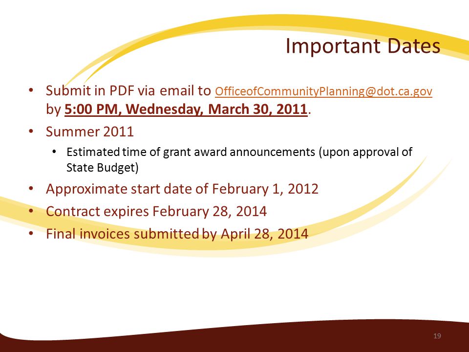 Important Dates Submit in PDF via  to by 5:00 PM, Wednesday, March 30, 2011.