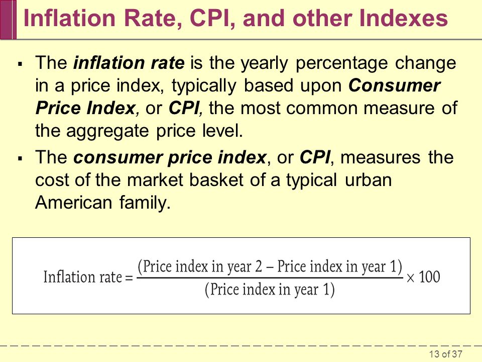 13 of 37 Inflation Rate, CPI, and other Indexes  The inflation rate is the yearly percentage change in a price index, typically based upon Consumer Price Index, or CPI, the most common measure of the aggregate price level.