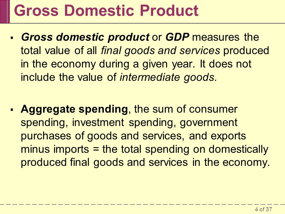 4 of 37 Gross Domestic Product  Gross domestic product or GDP measures the total value of all final goods and services produced in the economy during a given year.