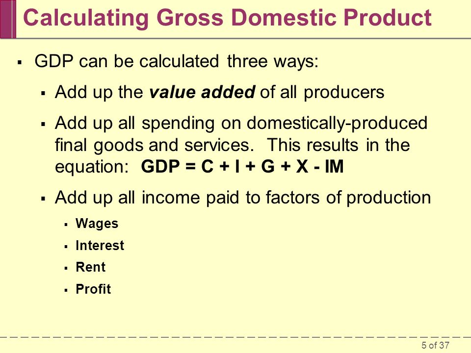 5 of 37 Calculating Gross Domestic Product  GDP can be calculated three ways:  Add up the value added of all producers  Add up all spending on domestically-produced final goods and services.