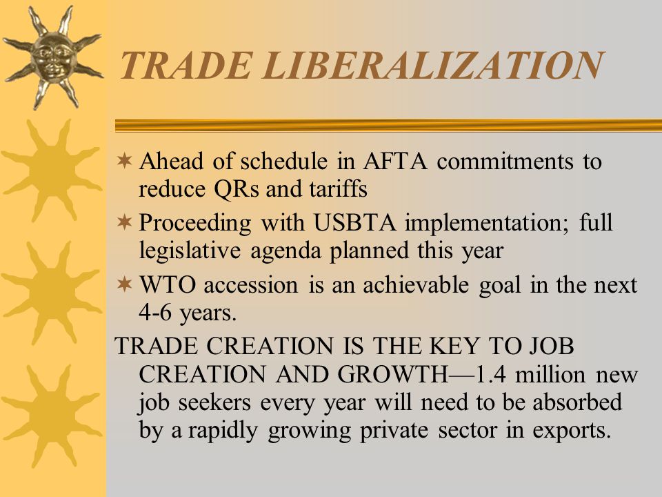 TRADE LIBERALIZATION  Ahead of schedule in AFTA commitments to reduce QRs and tariffs  Proceeding with USBTA implementation; full legislative agenda planned this year  WTO accession is an achievable goal in the next 4-6 years.
