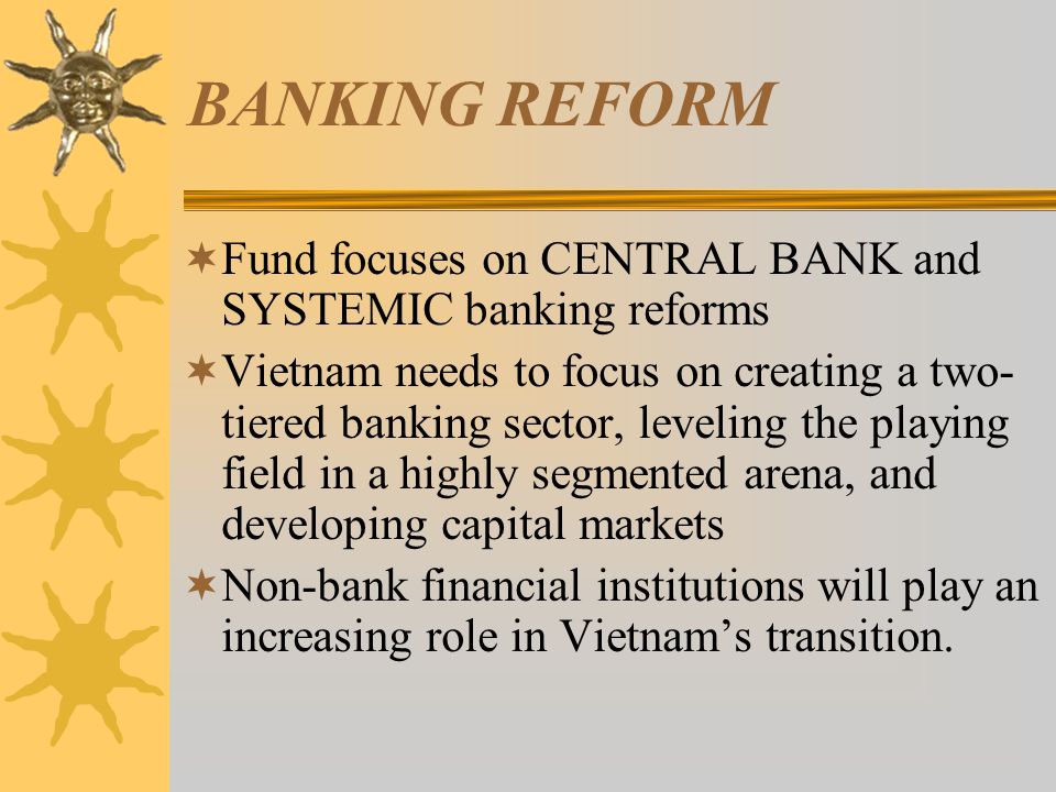BANKING REFORM  Fund focuses on CENTRAL BANK and SYSTEMIC banking reforms  Vietnam needs to focus on creating a two- tiered banking sector, leveling the playing field in a highly segmented arena, and developing capital markets  Non-bank financial institutions will play an increasing role in Vietnam’s transition.