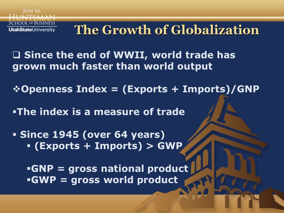 The Growth of Globalization  Since the end of WWII, world trade has grown much faster than world output  Openness Index = (Exports + Imports)/GNP  The index is a measure of trade  Since 1945 (over 64 years)  (Exports + Imports) > GWP  GNP = gross national product  GWP = gross world product