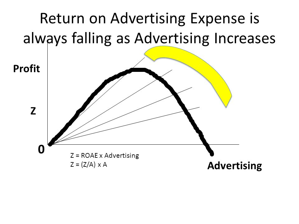 Advertising Profit Z 0 Return on Advertising Expense is always falling as Advertising Increases Z = ROAE x Advertising Z = (Z/A) x A