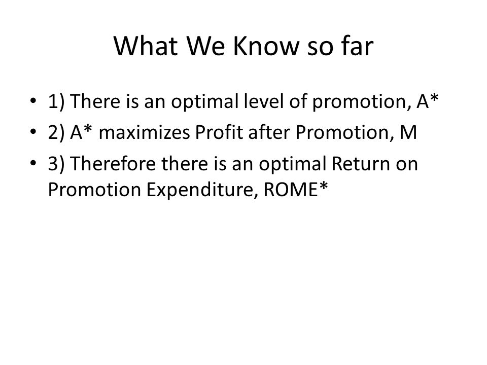 What We Know so far 1) There is an optimal level of promotion, A* 2) A* maximizes Profit after Promotion, M 3) Therefore there is an optimal Return on Promotion Expenditure, ROME*