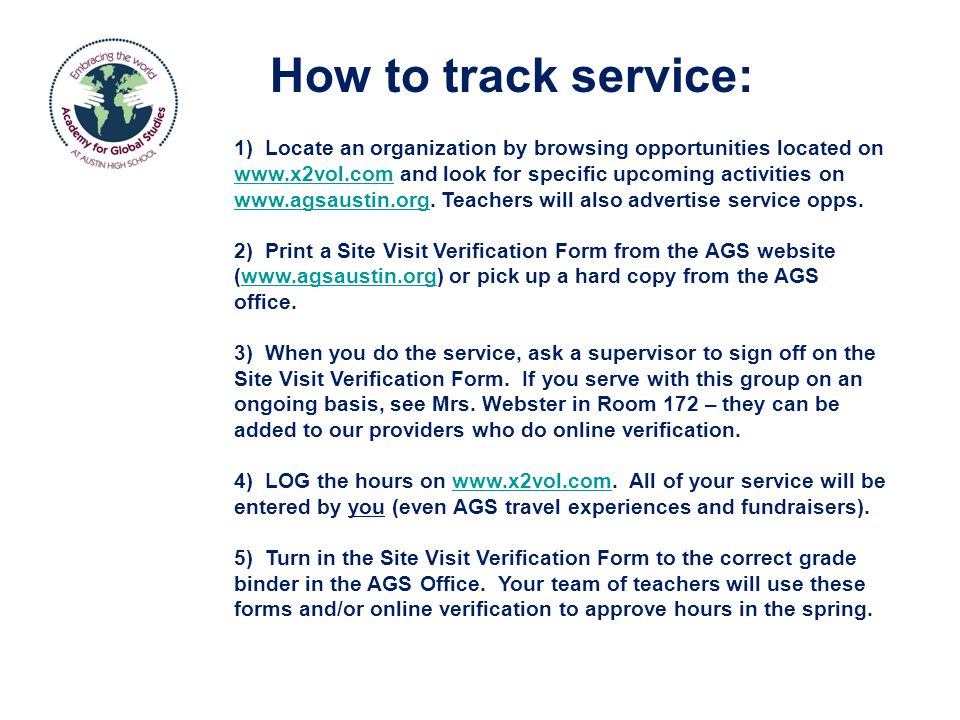 How to track service: 1) Locate an organization by browsing opportunities located on   and look for specific upcoming activities on