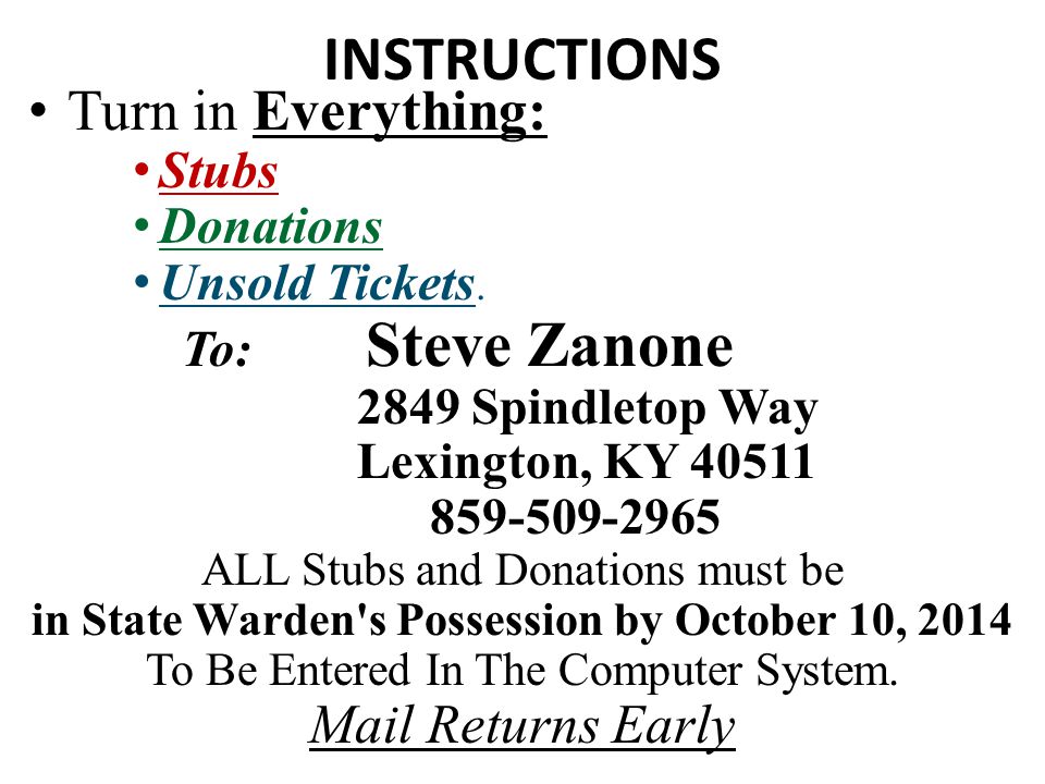 INSTRUCTIONS Turn in Everything: Stubs Donations Unsold Tickets.