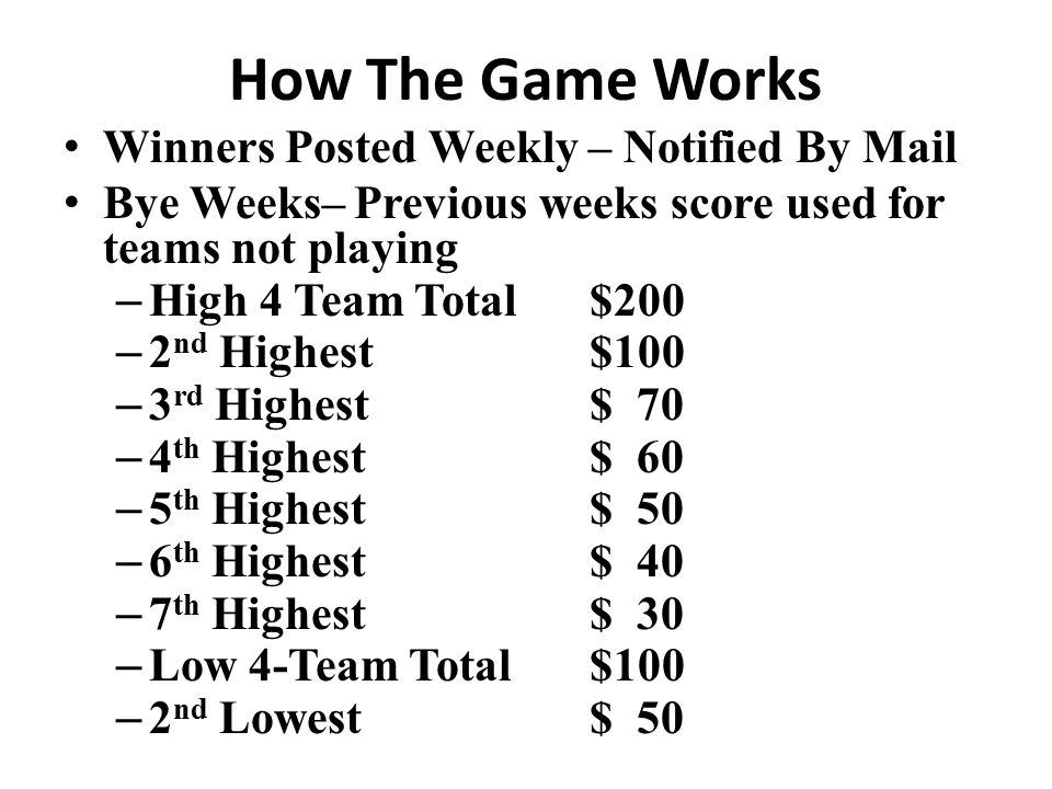 How The Game Works Winners Posted Weekly – Notified By Mail Bye Weeks– Previous weeks score used for teams not playing – High 4 Team Total $200 – 2 nd Highest$100 – 3 rd Highest$ 70 – 4 th Highest$ 60 – 5 th Highest$ 50 – 6 th Highest$ 40 – 7 th Highest$ 30 – Low 4-Team Total$100 – 2 nd Lowest$ 50