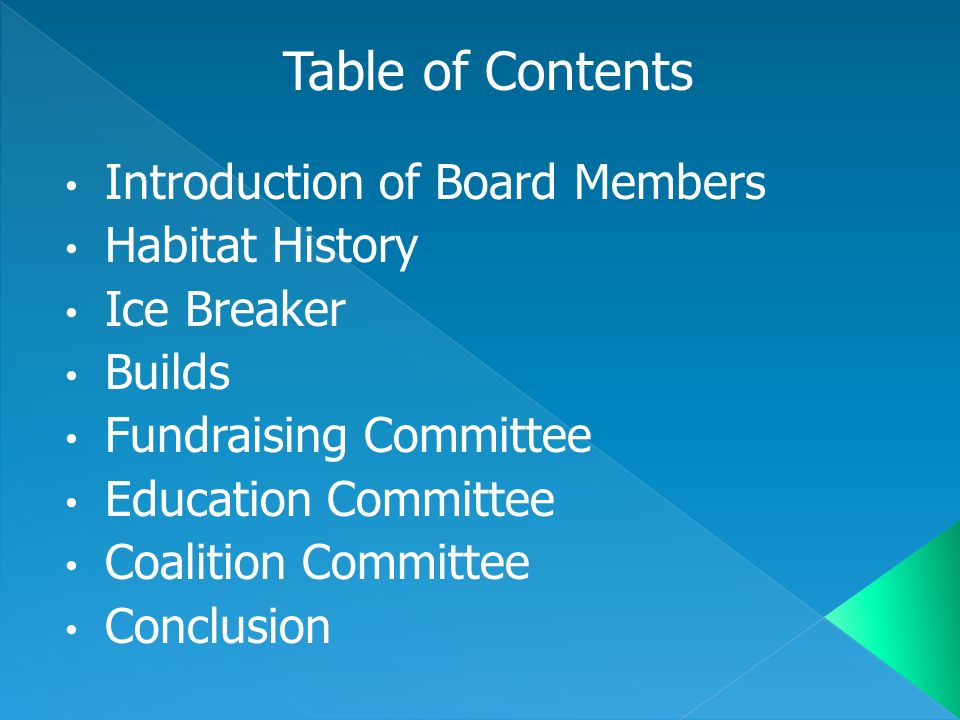 Introduction of Board Members Habitat History Ice Breaker Builds Fundraising Committee Education Committee Coalition Committee Conclusion Table of Contents
