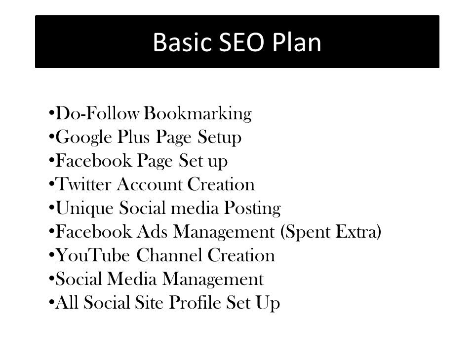 Basic SEO Plan Do-Follow Bookmarking Google Plus Page Setup Facebook Page Set up Twitter Account Creation Unique Social media Posting Facebook Ads Management (Spent Extra) YouTube Channel Creation Social Media Management All Social Site Profile Set Up