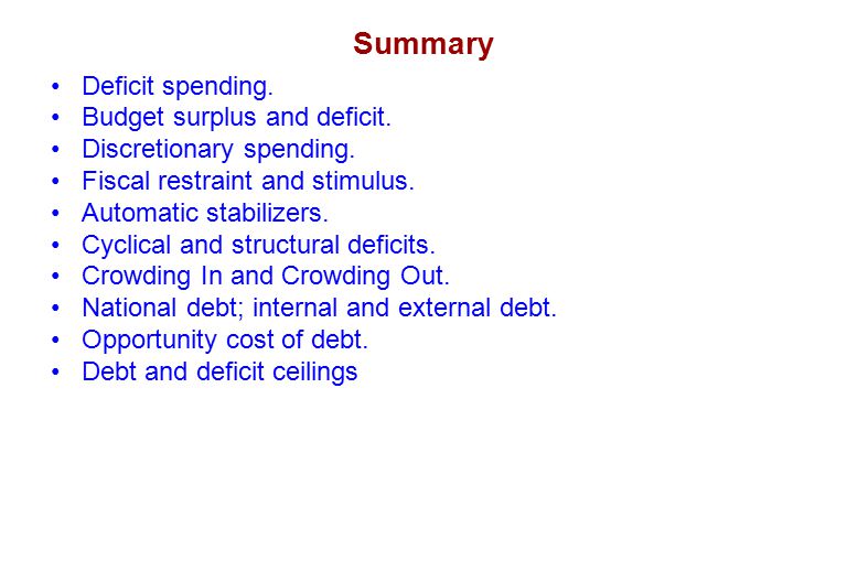 Summary Deficit spending. Budget surplus and deficit.