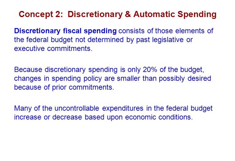 Concept 2: Discretionary & Automatic Spending Discretionary fiscal spending consists of those elements of the federal budget not determined by past legislative or executive commitments.