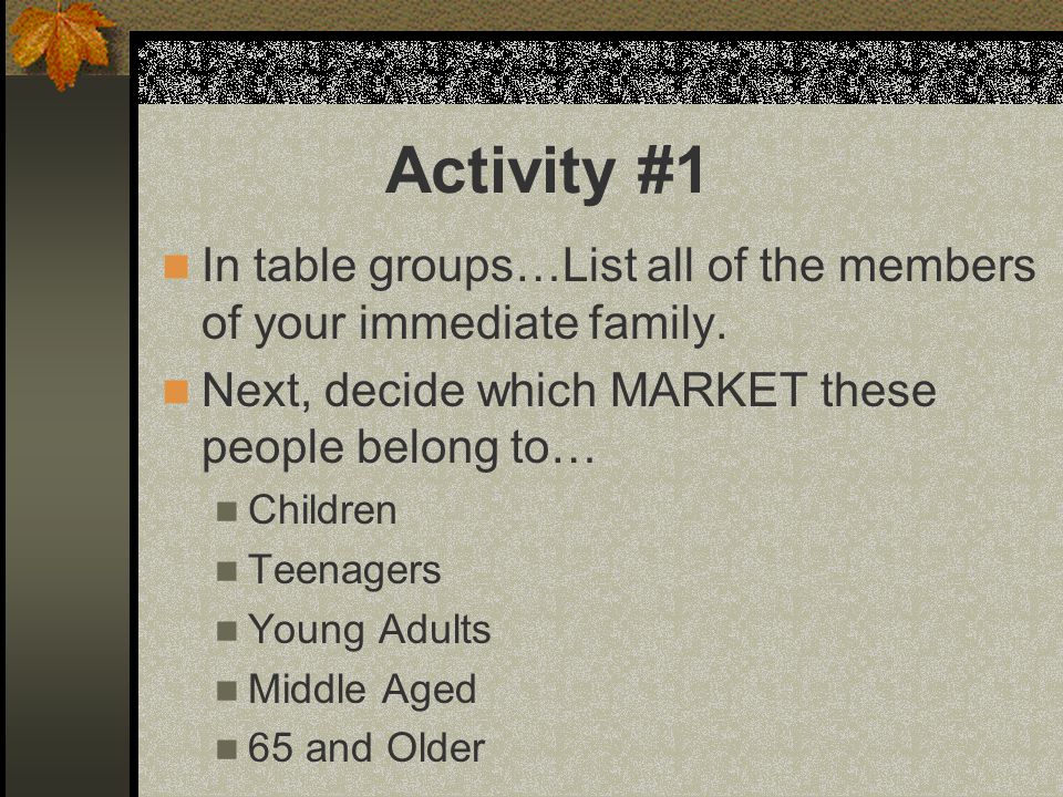 Activity #1 In table groups…List all of the members of your immediate family.