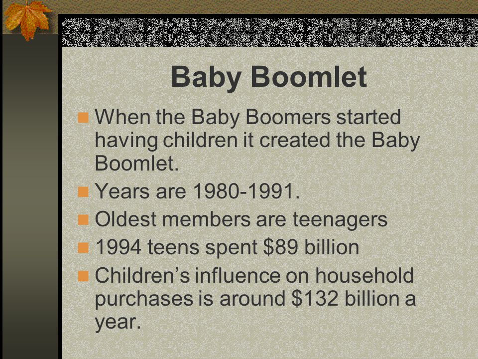 Baby Boomlet When the Baby Boomers started having children it created the Baby Boomlet.