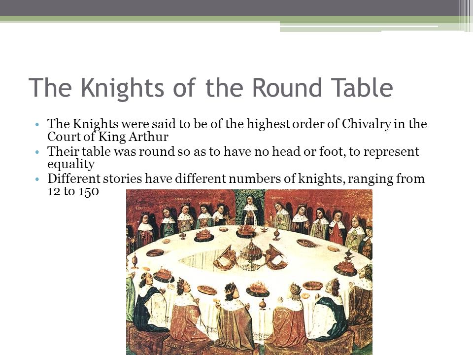 The Knights of the Round Table The Knights were said to be of the highest order of Chivalry in the Court of King Arthur Their table was round so as to have no head or foot, to represent equality Different stories have different numbers of knights, ranging from 12 to 150