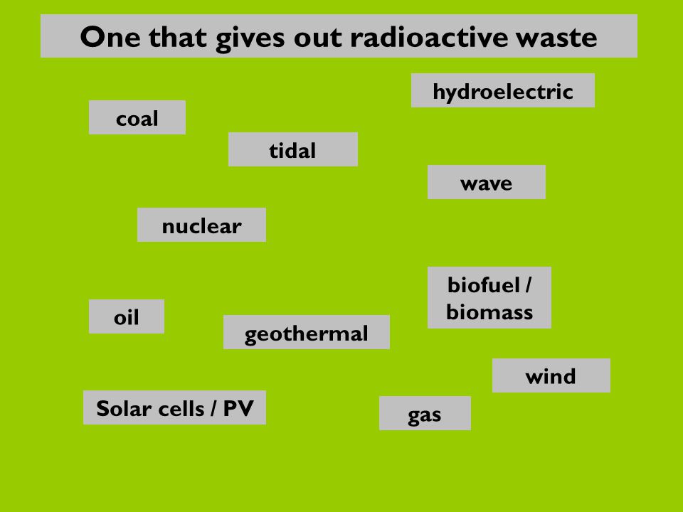 nuclear oil gas Solar cells / PV biofuel / biomass wave hydroelectric coal geothermal wind tidal One that gives out radioactive waste