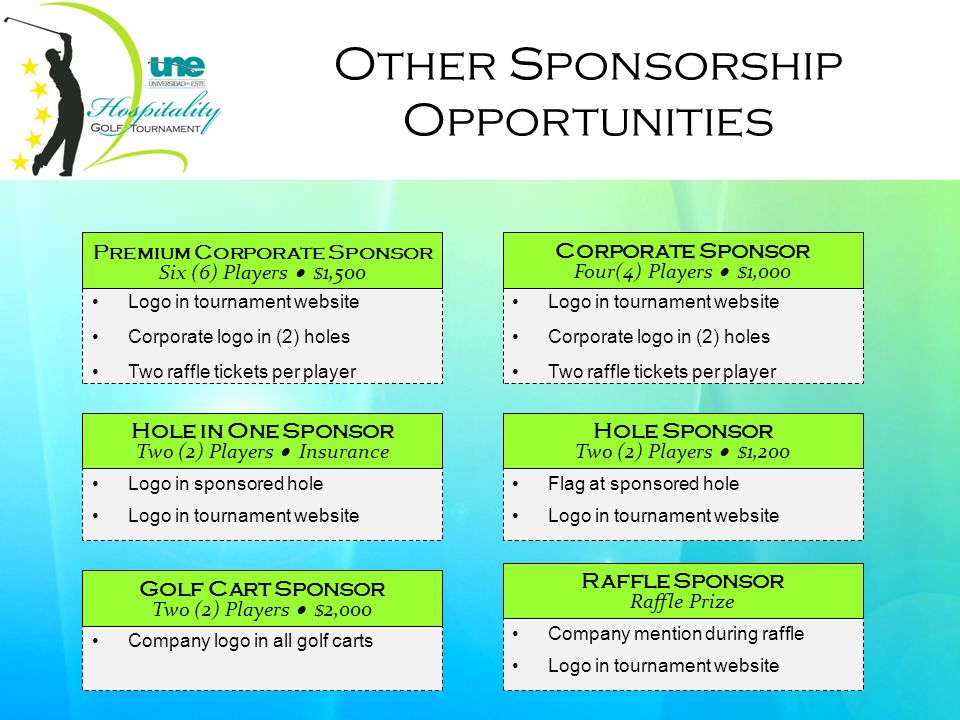 Other Sponsorship Opportunities Company logo in all golf carts Golf Cart Sponsor Two (2) Players  $2,000 Logo in sponsored hole Logo in tournament website Hole in One Sponsor Two (2) Players  Insurance Flag at sponsored hole Logo in tournament website Hole Sponsor Two (2) Players  $1,200 Logo in tournament website Corporate logo in (2) holes Two raffle tickets per player Premium Corporate Sponsor Six (6) Players  $1,500 Logo in tournament website Corporate logo in (2) holes Two raffle tickets per player Corporate Sponsor Four(4) Players  $1,000 Company mention during raffle Logo in tournament website Raffle Sponsor Raffle Prize