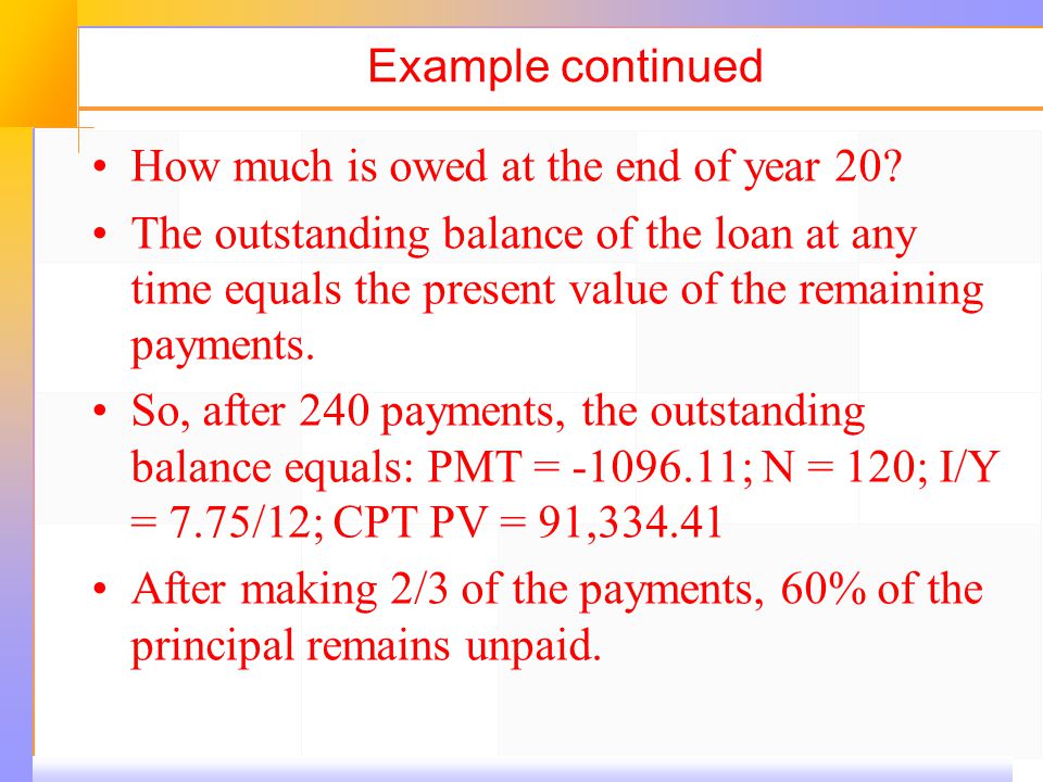 Example continued How much is owed at the end of year 20.
