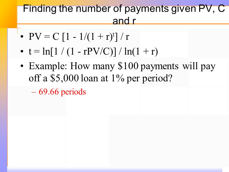 Finding the number of payments given PV, C and r PV = C [1 ‑ 1/(1 + r) t ] / r t = ln[1 / (1 ‑ rPV/C)] / ln(1 + r) Example: How many $100 payments will pay off a $5,000 loan at 1% per period.