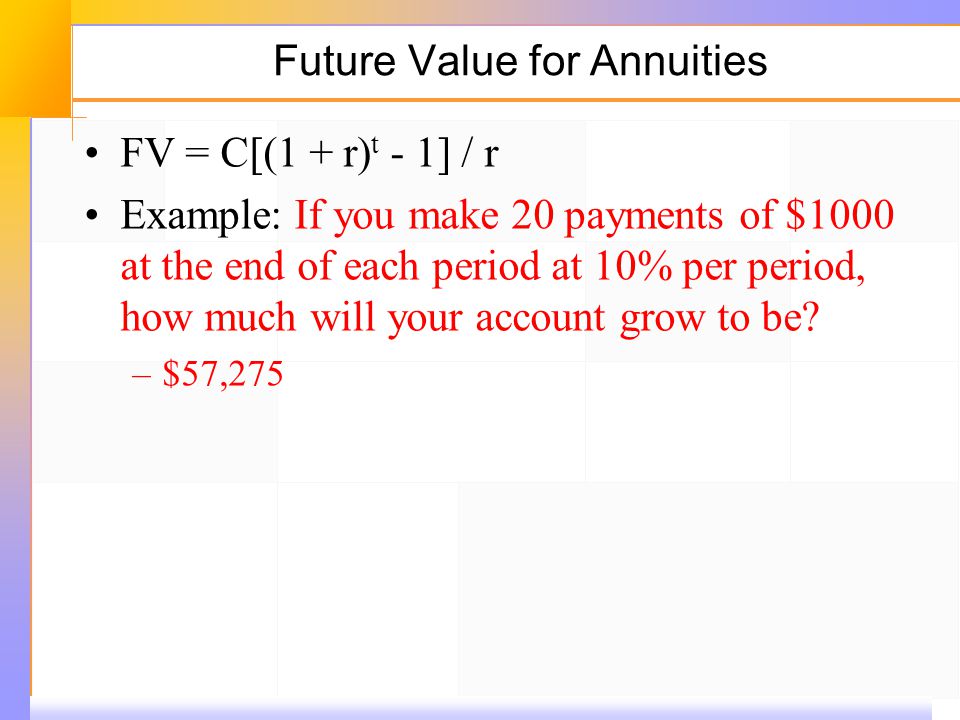 Future Value for Annuities FV = C[(1 + r) t ‑ 1] / r Example: If you make 20 payments of $1000 at the end of each period at 10% per period, how much will your account grow to be.
