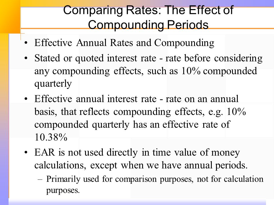 Comparing Rates: The Effect of Compounding Periods Effective Annual Rates and Compounding Stated or quoted interest rate ‑ rate before considering any compounding effects, such as 10% compounded quarterly Effective annual interest rate ‑ rate on an annual basis, that reflects compounding effects, e.g.