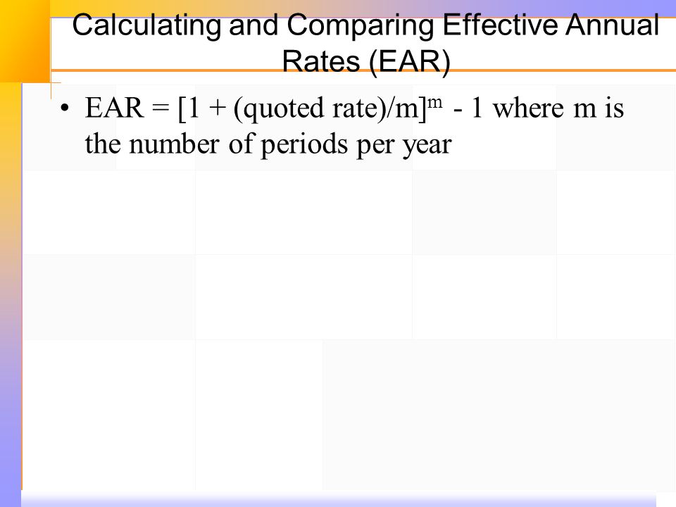 Calculating and Comparing Effective Annual Rates (EAR) EAR = [1 + (quoted rate)/m] m ‑ 1 where m is the number of periods per year