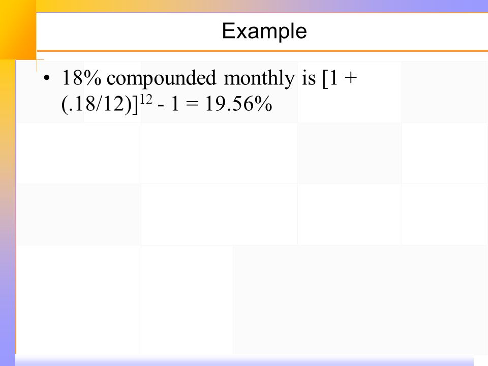 Example 18% compounded monthly is [1 + (.18/12)] 12 ‑ 1 = 19.56%