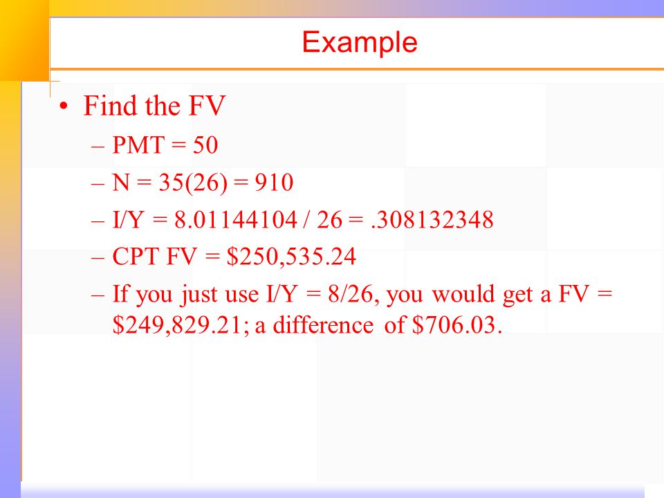 Example Find the FV –PMT = 50 –N = 35(26) = 910 –I/Y = / 26 = –CPT FV = $250, –If you just use I/Y = 8/26, you would get a FV = $249,829.21; a difference of $