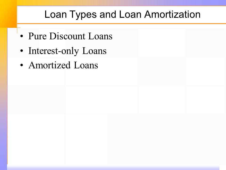 Loan Types and Loan Amortization Pure Discount Loans Interest-only Loans Amortized Loans