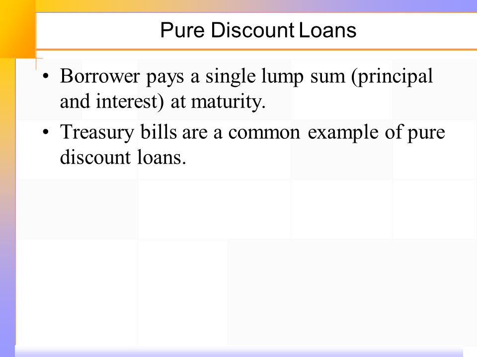 Pure Discount Loans Borrower pays a single lump sum (principal and interest) at maturity.