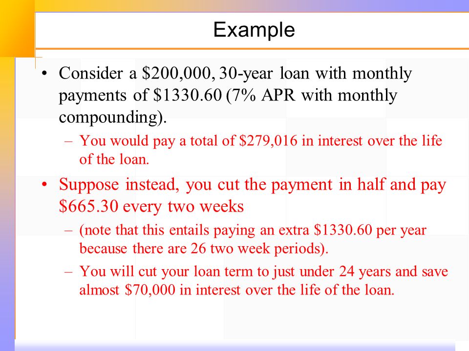Example Consider a $200,000, 30 ‑ year loan with monthly payments of $ (7% APR with monthly compounding).