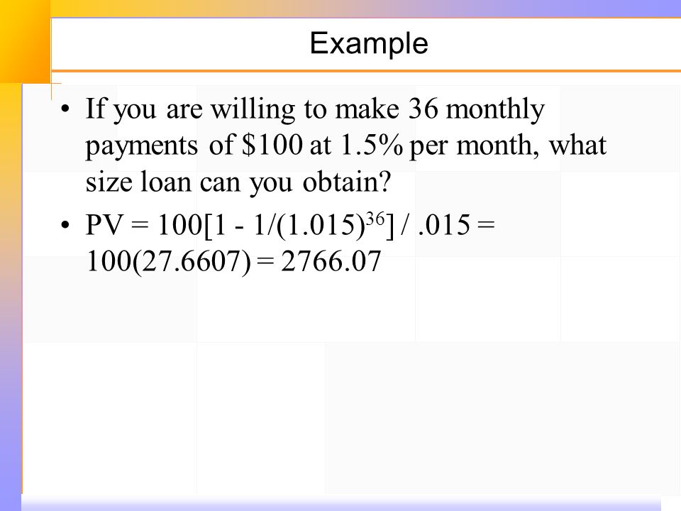 Example If you are willing to make 36 monthly payments of $100 at 1.5% per month, what size loan can you obtain.