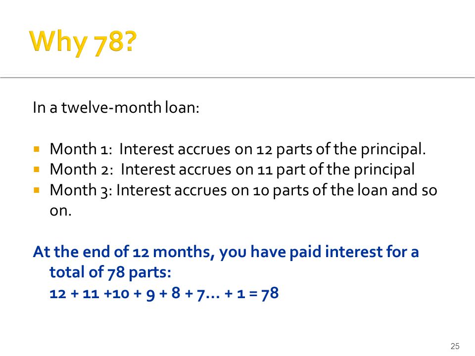 In a twelve-month loan:  Month 1: Interest accrues on 12 parts of the principal.