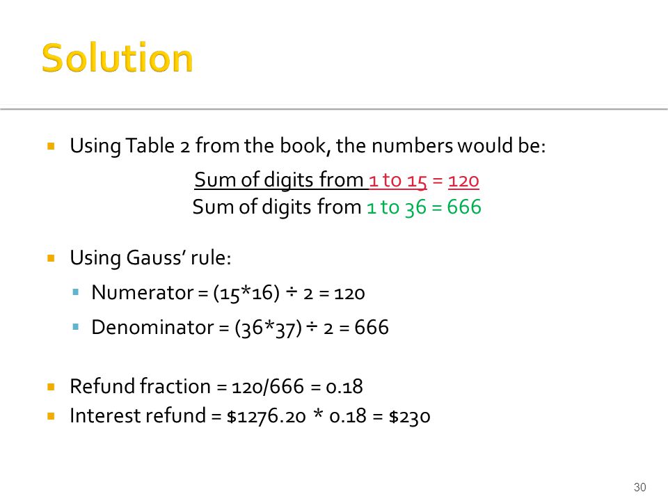  Using Table 2 from the book, the numbers would be: Sum of digits from 1 to 15 = 120 Sum of digits from 1 to 36 = 666  Using Gauss’ rule:  Numerator = (15*16) ÷ 2 = 120  Denominator = (36*37) ÷ 2 = 666  Refund fraction = 120/666 = 0.18  Interest refund = $ * 0.18 = $230 30