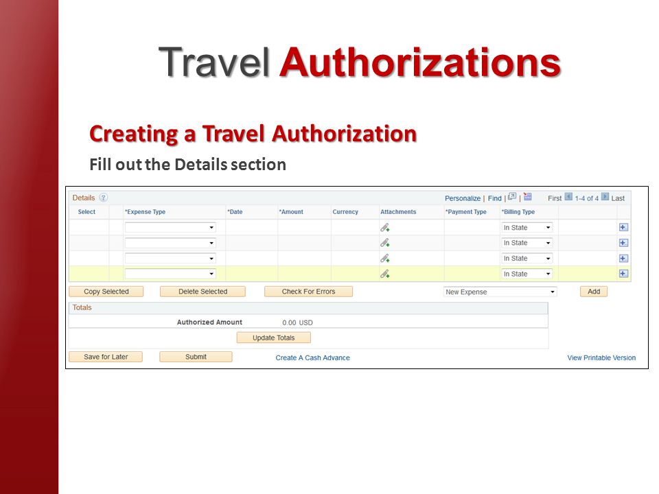 Travel Authorizations Creating a Travel Authorization Fill out the Details section