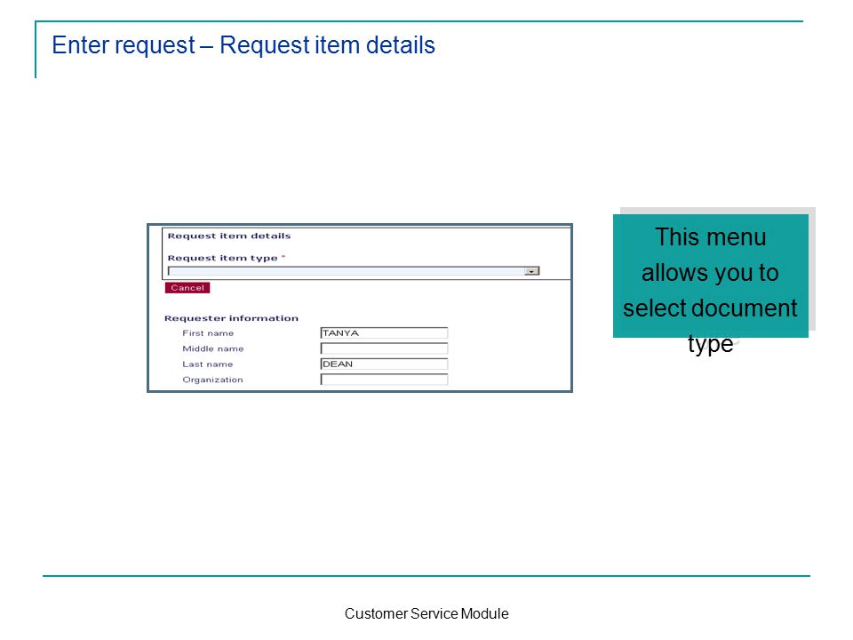 Customer Service Module Enter request – Request item details This menu allows you to select document type