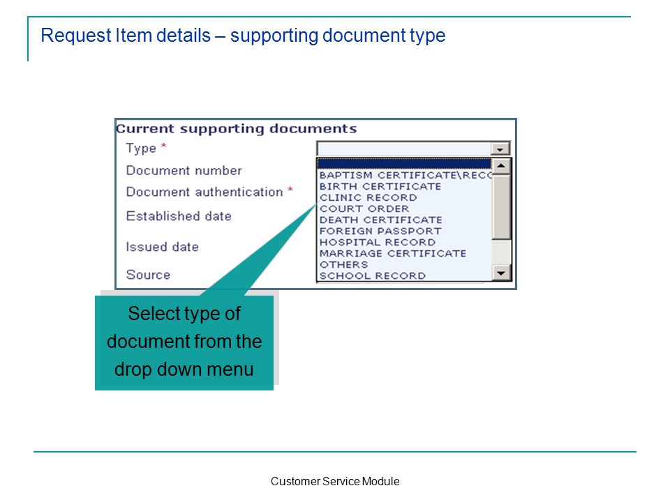Customer Service Module Request Item details – supporting document type Select type of document from the drop down menu