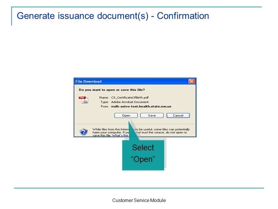 Customer Service Module Generate issuance document(s) - Confirmation Select Open Select Open