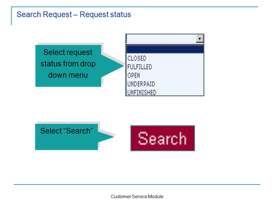 Customer Service Module Search Request – Request status Select request status from drop down menu Select Search