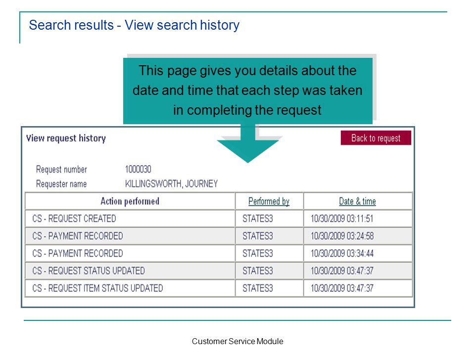 Customer Service Module Search results - View search history This page gives you details about the date and time that each step was taken in completing the request