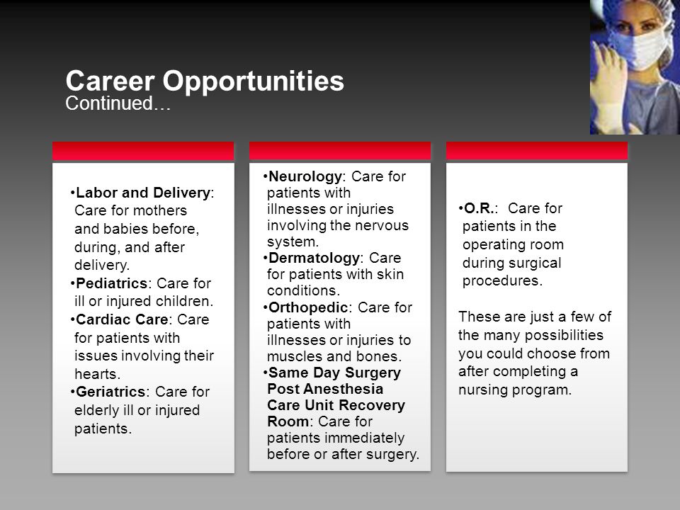Continued… Career Opportunities Neurology: Care for patients with illnesses or injuries involving the nervous system.