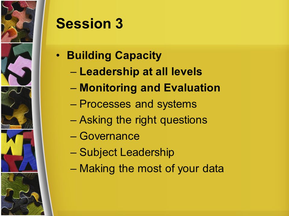 Session 3 Building Capacity –Leadership at all levels –Monitoring and Evaluation –Processes and systems –Asking the right questions –Governance –Subject Leadership –Making the most of your data