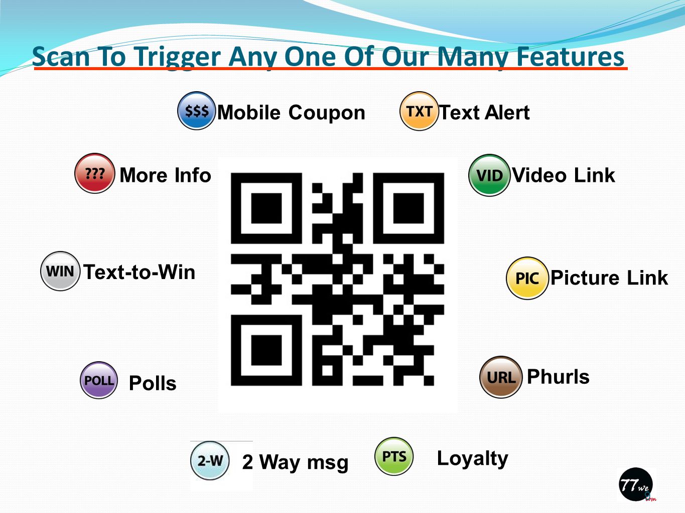 Scan To Trigger Any One Of Our Many Features Polls Text-to-Win More Info Mobile Coupon Text Alert Video Link Picture LinkPhurls Loyalty 2 Way msg 9